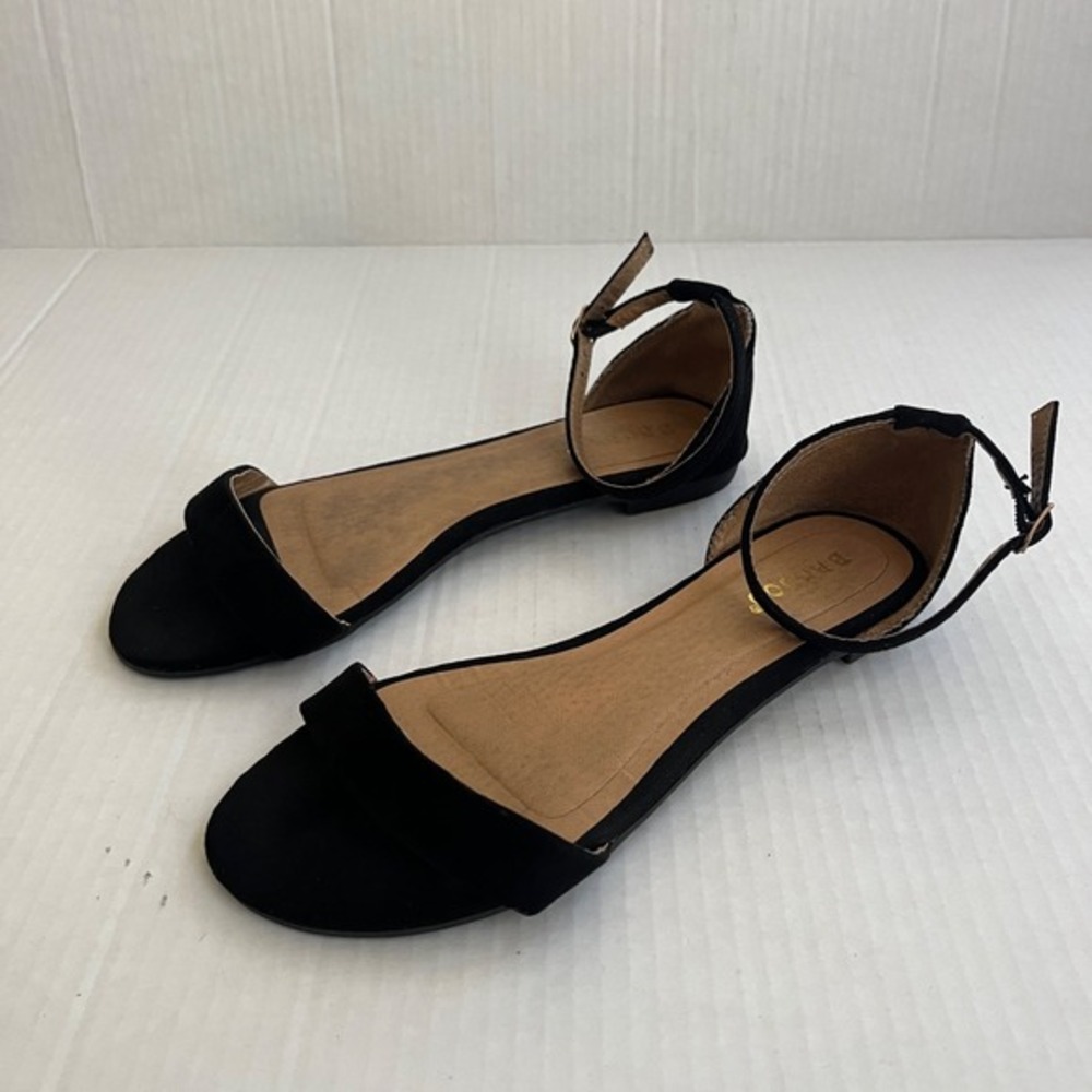 Bamboo‎ Women Flat Band Sandals Ankle Strap Faux Suede 6 Black Casual Minimalist